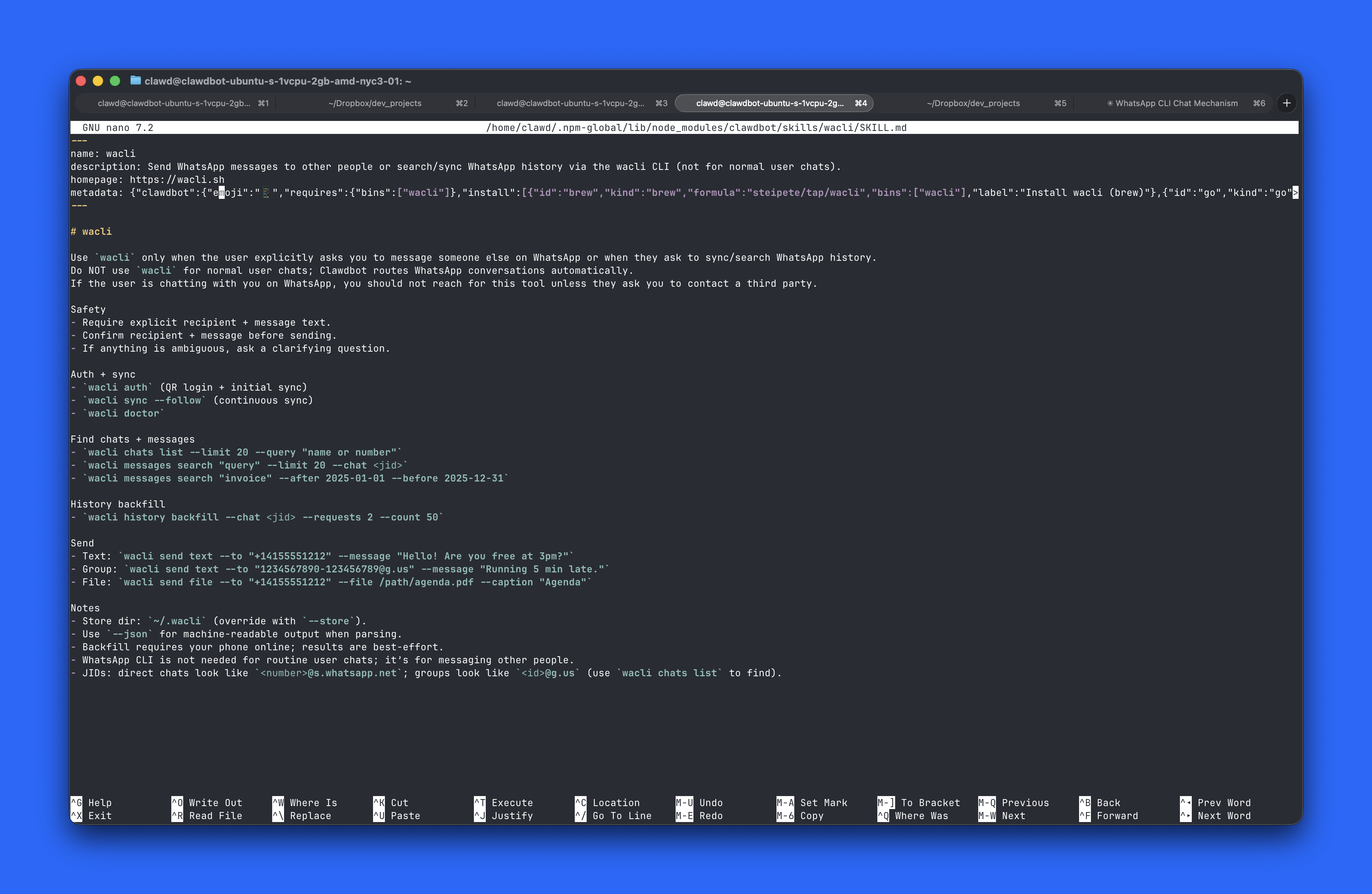 wacli SKILL.md file showing instructions for WhatsApp CLI
