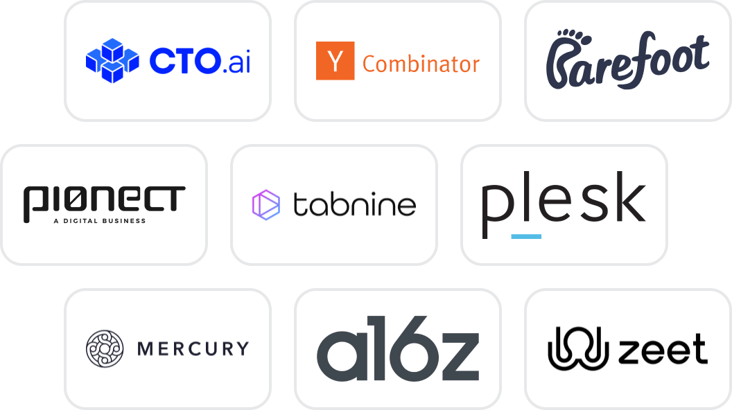 A grid of partner logos (CTO.ai, Y Combinator, Barefoot, Pionect - A Digital Business, Tabnine, Plesk, Mercury, a16z, Zeet)
