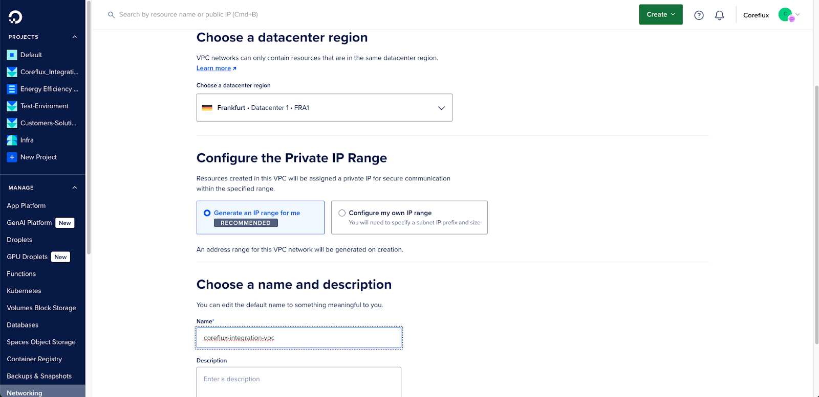 DigitalOcean VPC creation screen