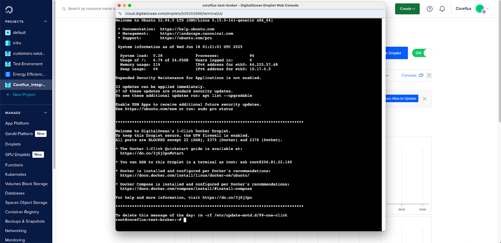 SSH connection to the Coreflux droplet